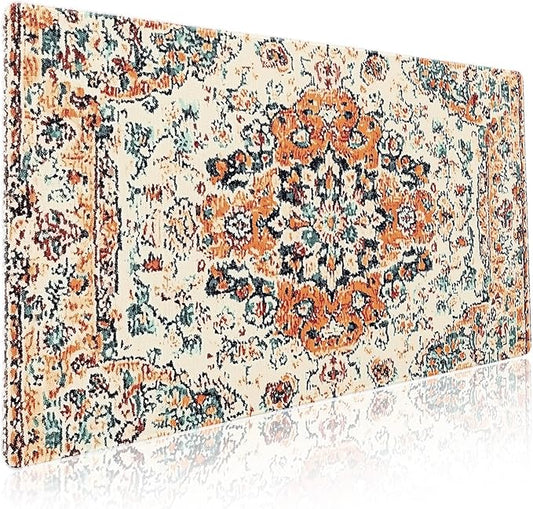Vintage Rug Gaming Mouse Pad XXL Orange Teal Retro Carpet Aesthetic Extended Large Mat Bohemian Boho Mousepad Desk Pad Non-Slip Rubber Base Stitched Edge Flower Keyboard Pad for Computer,35.4x15.7 in