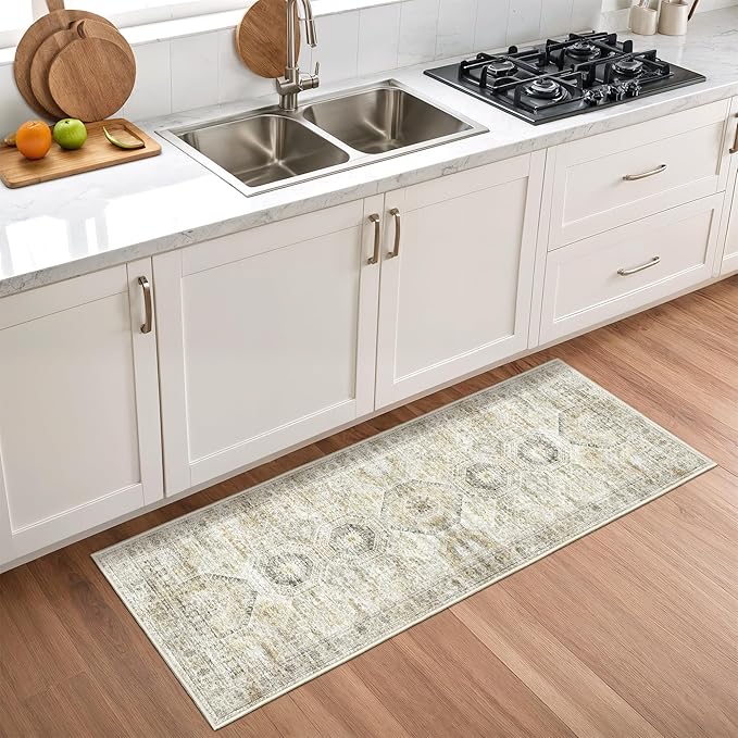 2x5 Rug Runner Washable for Entryway, Soft Bathroom Rugs with Non-Slop Backing, Abstract Low Pile Hallway Runner, Vintage Small Kitchen Carpet for Stair, Laundry Room(2'x5', Grey/Yellow)