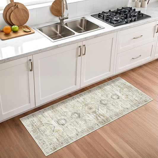 2x5 Rug Runner Washable for Entryway, Soft Bathroom Rugs with Non-Slop Backing, Abstract Low Pile Hallway Runner, Vintage Small Kitchen Carpet for Stair, Laundry Room(2'x5', Grey/Yellow)