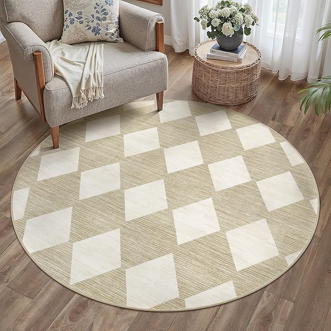 Checkered Round Rugs 6ft for Kitchen Beige Machine Washable Large Rug Non-Slip Stain Resistant Low Pile Boho Accent Indoor Throw Carpet for Office Bedroom Dining Room Classroom