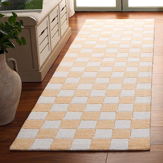SAFAVIEH Ebony Collection Runner Rug - 2'3" x 8', Gold & Ivory, Handmade Wool, Checkered Pattern, Ideal for Living Room, Hallway, Foyer, Bedroom (EBN175D-28)