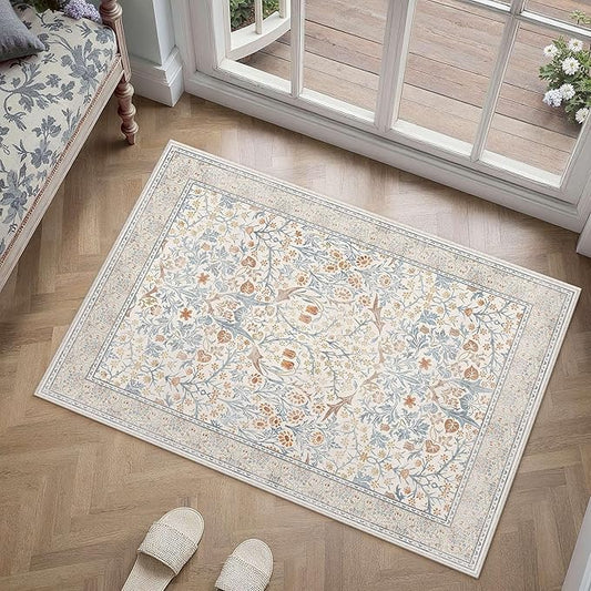 HUGEAR Vintage Floral 2x3 Machine Washable Small Entryway Area Rugs Beige Retro Neutral Non Slip Stain Resistant Low Pile Throw Carpet for Hallway Kitchen Aesthetic Modern Decor