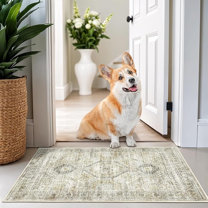 2x3 Washable Rug Runner for Bathroom, Soft Entryway Rug for Laundry Room, Kitchen, Vintage Abstract Hallway Runner for Bedroom, Anti-Slip Door Mat Indoor Entrance(2'x3', Grey/Yellow)