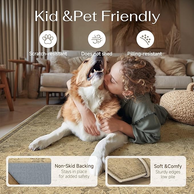 HUGEAR 9x12 Machine Washable Area Rugs Vintage Brown - Neutral Living Room Bedroom Rug Non Slip Stain Resistant Low Pile Aesthetic Throw Carpet Kids & Pet Friendly