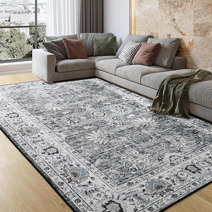 Area Rug 5x7 Washable Rug Grey Boho Rugs for Living Room Bedroom Playroom, Non Slip Low Pile Vintage Rug Floral Print Mat for Dining Room Home Office Christmas Rugs