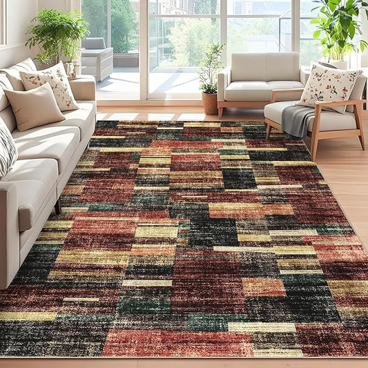 Washable Living Room Rug 5x7 Area Rugs Geometric Modern Throw Rugs with Non-Slip Backing, Non-Shedding Contemporary Accent Carpet, Low Pile Floor Cover for Bedroom, Office, Red