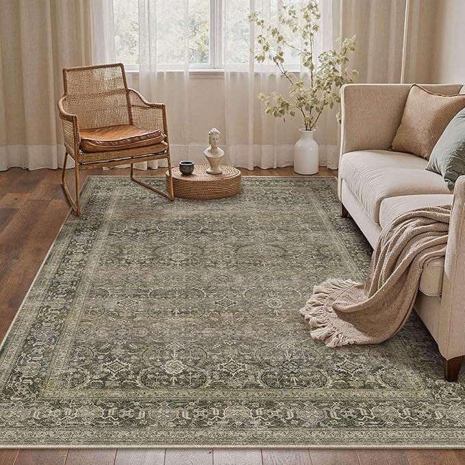 HUGEAR 5x7 Washable Area Rug Taupe Vintage Neutral Living Room Bedroom Rug Large Soft Non Slip Distressed Low Pile Carpet