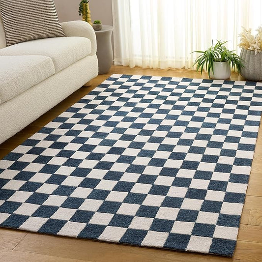 SAFAVIEH Area Rug 4x6 - Ebony Collection - Blue & Ivory, Handmade Wool, Checkered Design, Ideal for Living Room, Bedroom, Dining Space (EBN175M)