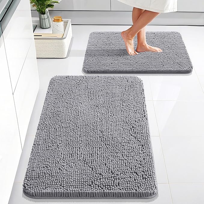 OLANLY Bathroom Rugs Sets 2 Piece, Soft Absorbent Chenille Bath Mats Area Rug Set, Non-Slip, Quick Dry, Machine Washable Bath Mats for Bathroom, Home Decor Accessories (30"x20"+24"x16", Grey)
