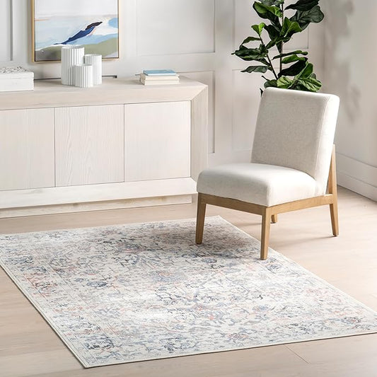 nuLOOM SpinClean Everlee Blue/Ivory, 6' Round, Vintage Medallion, Soft and Cozy, High Traffic, Stain Resistant, Easy Clean, Durable, Machine Washable Area Rug for Bedroom, Living Room, Dining, Foyer