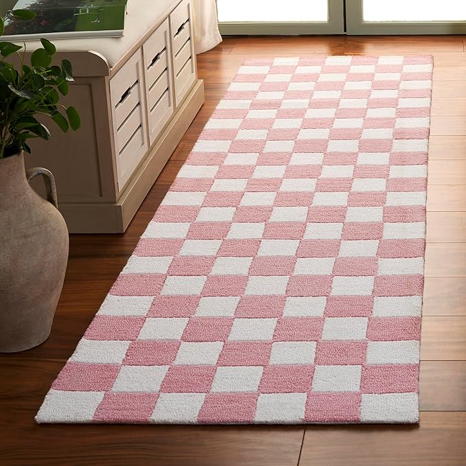 SAFAVIEH Ebony Collection Runner Rug - 2'3" x 8', Pink & Ivory, Handmade Wool, Checkered Pattern, Ideal for Living Room, Hallway, Foyer, Bedroom (EBN175U-28)