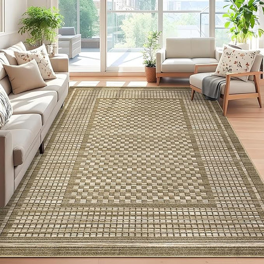 Living Room Rug 5x7 Area Rugs Washable Bedroom Rug Modern Plaid Large Area Rug Non Slip Throw Rugs Farmhouse Soft Faux Wool Low Pile Stain Resistant Carpet for Dining Room 5'x7' Brown