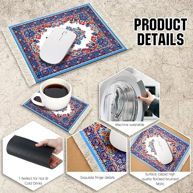 Hushee 4 Pcs Style Carpet Mouse Pad Mini Vintage Coasters Oriental Mouse Pad Floral Pattern Graduation Gift Rug with Anti Slip Rubber Base for Doll House Desk(Novel Style)