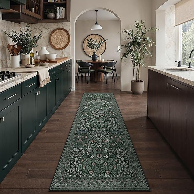 HUGEAR Vintage Floral 2x8 Machine Washable Runner Rugs Green Hallway Rug Retro Neutral Stain Resistant Non Slip Low Pile Throw Carpet for Bedroom Kitchen Aesthetic Modern Decor