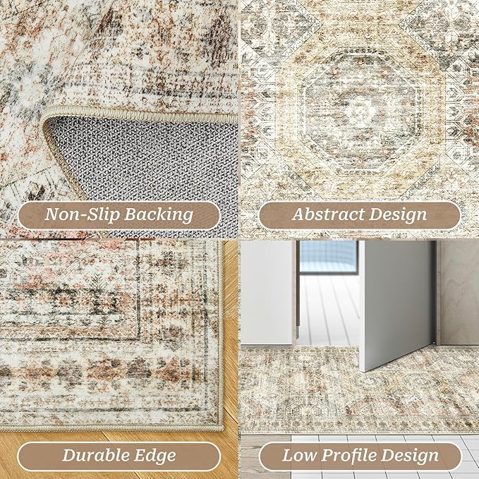 2x5 Rug Runner Washable for Entryway, Soft Bathroom Rugs with Non-Slop Backing, Abstract Low Pile Hallway Runner, Vintage Small Kitchen Carpet for Stair, Laundry Room(2'x5', Brown/Pink)