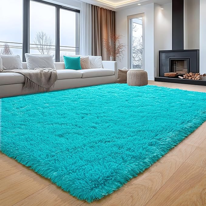 Teal Blue Shag Rug for Bedroom, 4x5.9 Feet Fluffy Area Rugs for Living Room and Nursery, Soft and Comfy, Fuzzy Carpet for Girls Boys Kids Room Dorm Home Decor Aesthetic, Upgrade Non Slip