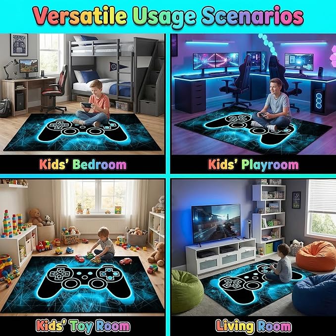 Gaming Rug - Video Game Area Rugs for Boys Teens Gamer Rug for Boys Room Gamer Controller Gamepad Pattern Carpet Floor Mat Bathroom Mat for Livingroom