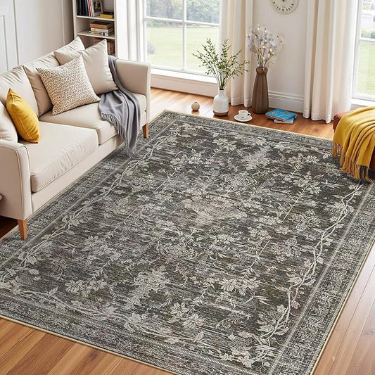 Area Rugs 5x7, Washable Rugs for Living Room, Non-Slip Rug, Boho Medallion Rug, Distressed Carpet, Low Pile Boho Rugs for Bedroom Dining Room