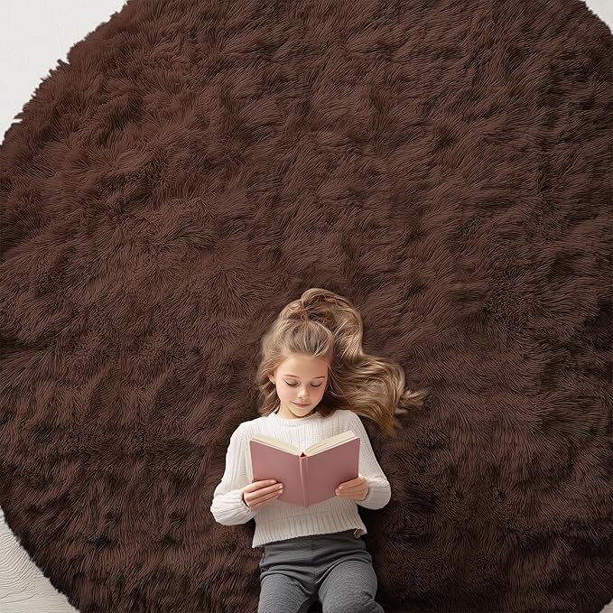 OLANLY Coffee Round Rugs for Bedroom - Machine Washable, 9 ft Circle Area Rugs for Living Room, Soft and Fluffy Shaggy Carpet for Teen Girls and Boys, Nursery Rooms, Dorms, Home Decor Aesthetic