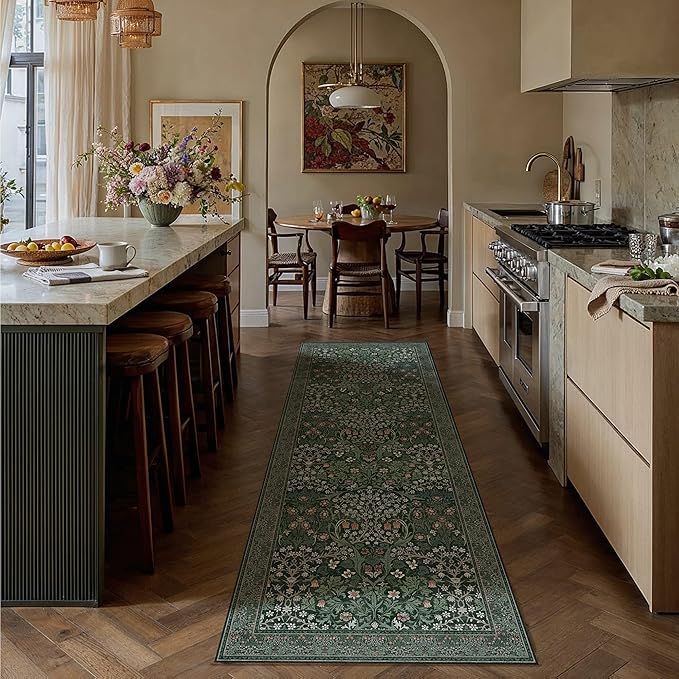 HUGEAR Vintage Floral 2x8 Machine Washable Runner Rugs Green Hallway Rug Retro Neutral Stain Resistant Non Slip Low Pile Throw Carpet for Bedroom Kitchen Aesthetic Modern Decor