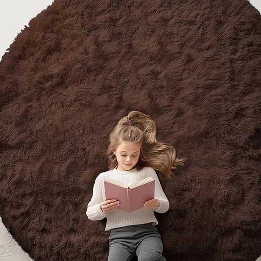OLANLY Coffee Round Rugs for Bedroom - Machine Washable, 8 ft Circle Area Rugs for Living Room, Soft and Fluffy Shaggy Carpet for Teen Girls and Boys, Nursery Rooms, Dorms, Home Decor Aesthetic