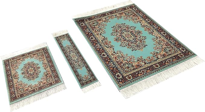 3-Piece Carpet-Style Desk Set – Turquoise Mouse Pad, Mini Rug Coaster & Bookmark, Colorful Elegant Office Accessories, Novelty Gift