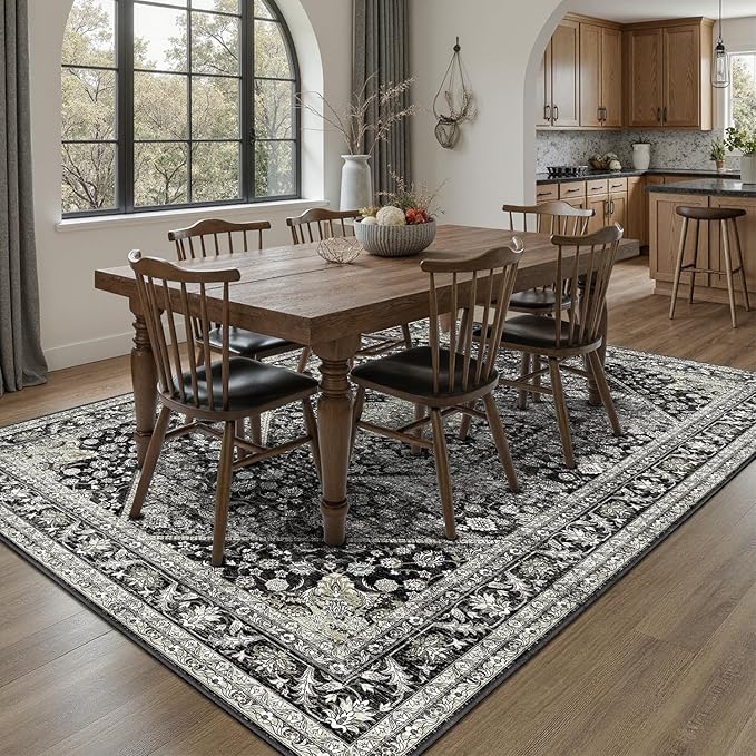 DCX Machine Washable Black Area Rug 5x7, Non Slip Stain Resistant Vintage Floral Rug for Living Room Bedroom Nursery, Soft Low Pile Large Carpet