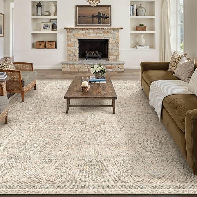 HUGEAR 8x10 Machine Washable Area Rugs Vintage Beige - Neutral Living Room Bedroom Rug Non Slip Stain Resistant Low Pile Aesthetic Throw Carpet Kids & Pet Friendly