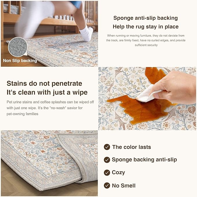 HUGEAR Vintage Floral Machine Washable 6x9 Area Rugs Beige Living Room Bedroom Rug Retro Neutral Stain Resistant Non Slip Low Pile Throw Carpet for Home Aesthetic Modern Decor