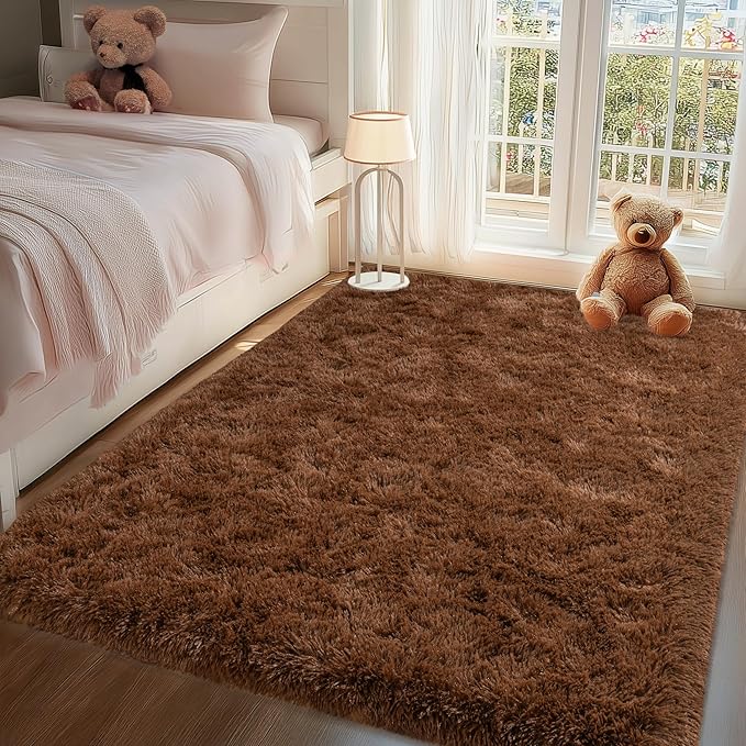 Brown Rug for Bedroom Living Room, 4x5.9 Fuzzy Fluffy Carpet, Shag Area Rugs for Kids Home Decor Aesthetic, Non Slip