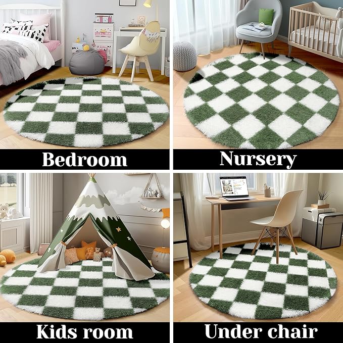 KICMOR Round Rugs 5ft Olive Green and White Circle Area Rug, Fluffy Soft Fuzzy Shag Shaggy Bedroom Living Room Carpet, Indoor Checkered Circular Rug for Kids Boys Girls Home Decor Aesthetic, Nursery