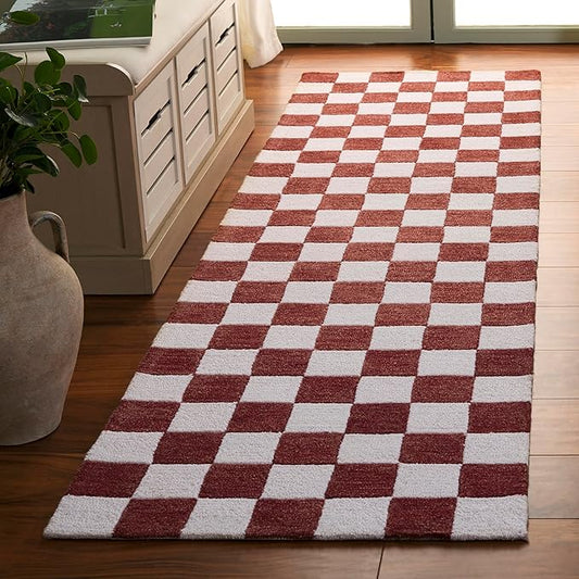 SAFAVIEH Ebony Collection Runner Rug - 2'3" x 8', Red & Ivory, Handmade Wool, Checkered Pattern, Ideal for Living Room, Hallway, Foyer, Bedroom (EBN175Q-28)