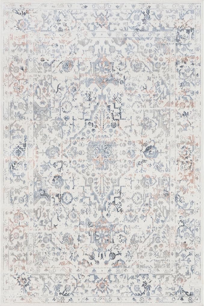 nuLOOM SpinClean Everlee Blue/Ivory, 6' Square, Vintage Medallion, Soft and Cozy, High Traffic, Stain Resistant, Easy Clean, Durable, Machine Washable Area Rug for Bedroom, Living Room, Dining, Foyer
