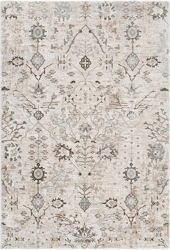 Hauteloom Claydon Moroccan Farmhouse Living Room Bedroom Dining Room Round Area Rug with Tassles - Bohemian Neutral Style - Traditional, Oriental, Turkish - Beige, Brown, Cream - 5'3" Round