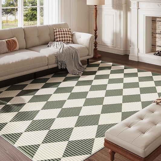 8x10 Washable Checkered Rugs for Bedroom, Green and White Area Rug for Living Room, Geometric Faux Wool Carpet for Kids, Girls, Boys Playroom, Dorm, Nursery, Dining Room, Kitchen, Non Slip