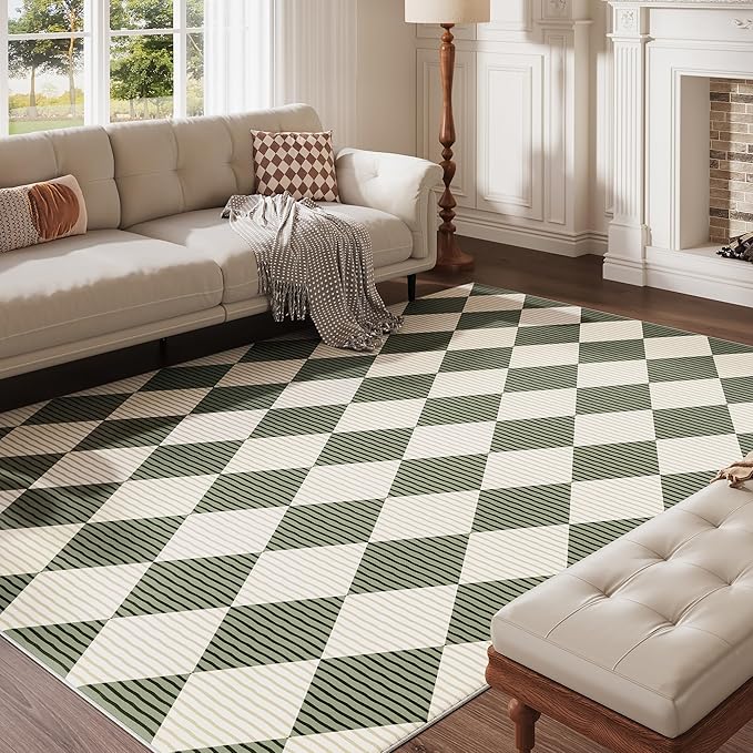 6x9 Washable Checkered Rugs for Bedroom, Green and White Area Rug for Living Room, Geometric Faux Wool Carpet for Kids, Girls, Boys Playroom, Dorm, Nursery, Dining Room, Kitchen, Non Slip