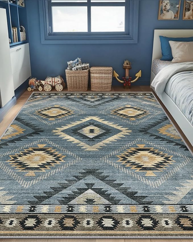 Area Rug 5x7 Rug Machine Washable Rug Non-Slip Low Pile Print Pattern Western Rug for Living Room Bedroom Entryway Tribal Series -Navy/Grey