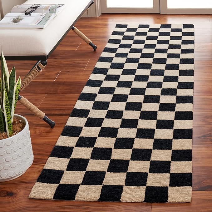 Martha Stewart x SAFAVIEH Area Rug Collection - 2'3" x 8' Runner, Black & Beige, Handmade Wool, Checkered Pattern, Ideal for Living Room, Bedroom, Foyer, Hallway (MSR4760Z)