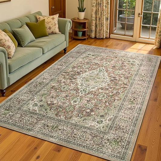 5x7 Green Washable Boho Area Rug for Bedroom, Vintage Floral Non Slip Living Room Rugs, Soft Low Pile Indoor Mat, Aesthetic Pattern Carpet for Kitchen and Dining Room