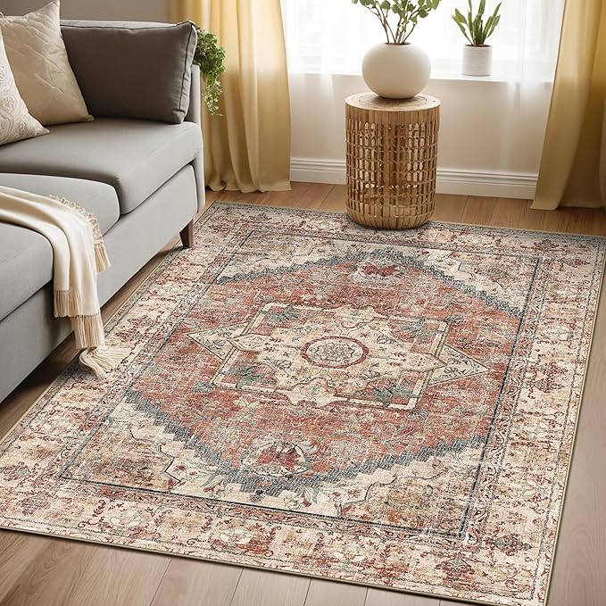 Area Rugs 5x7, Washable Rugs for Living Room, Non-Slip Rug, Boho Medallion Rug, Distressed Carpet, Low Pile Boho Rugs for Bedroom Dining Room