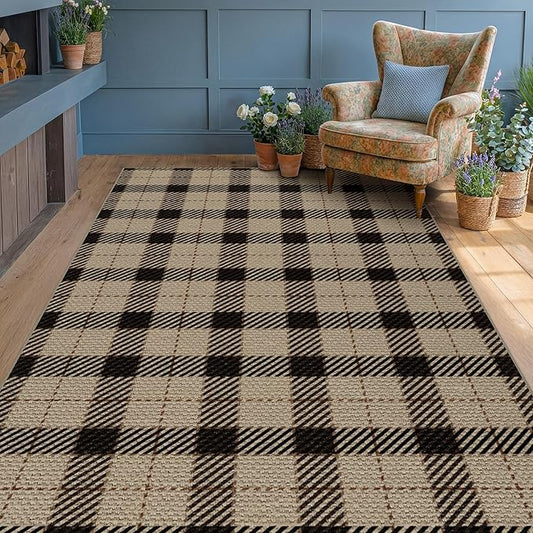 Jute Rug 6x9 for Living Room, Washable Black and Brown Rug for Dining Room, Indoor Outdoor Geometric Non Slip Vintage Farmhouse Carpet, Classic Beige Plaid Décor