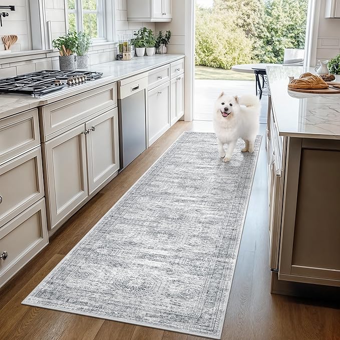 3x14 Washable Runner Rug for Hallway, Non-Slip Long Hallway Runner for Entryway, Soft Vintage Kitchen Mats for Floor, Abstract Dining Room, Bedroom, Living Room Rugs(3'x14', Grey/Ivory)