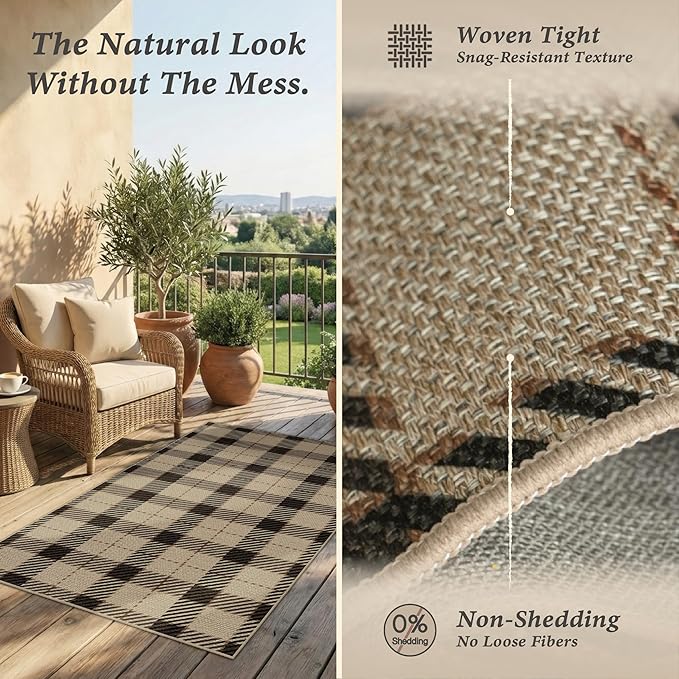 Jute Rug 6x9 for Living Room, Washable Black and Brown Rug for Dining Room, Indoor Outdoor Geometric Non Slip Vintage Farmhouse Carpet, Classic Beige Plaid Décor