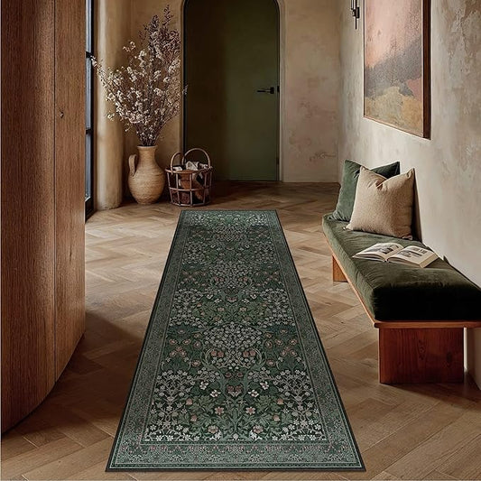 HUGEAR Vintage Floral 2x6 Machine Washable Runner Rugs Green Hallway Rug Retro Neutral Stain Resistant Non Slip Low Pile Throw Carpet for Bedroom Kitchen Aesthetic Modern Decor