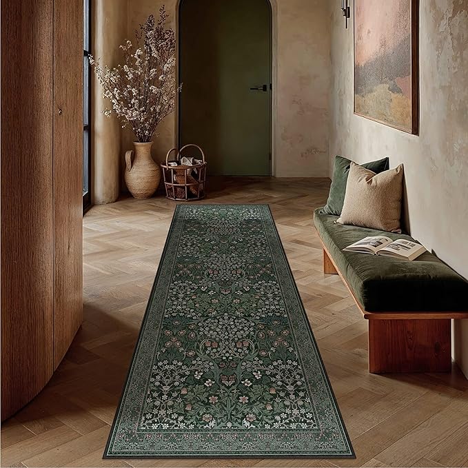 HUGEAR Vintage Floral 2x8 Machine Washable Runner Rugs Green Hallway Rug Retro Neutral Stain Resistant Non Slip Low Pile Throw Carpet for Bedroom Kitchen Aesthetic Modern Decor