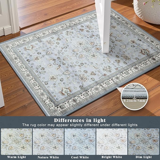5x7 Light Blue Washable Boho Area Rug for Living Room, Vintage Floral Non Slip Bedroom Rugs, Wool Low Pile Indoor Mat, Aesthetic Pattern Carpet for Kitchen, Office and Kids Room