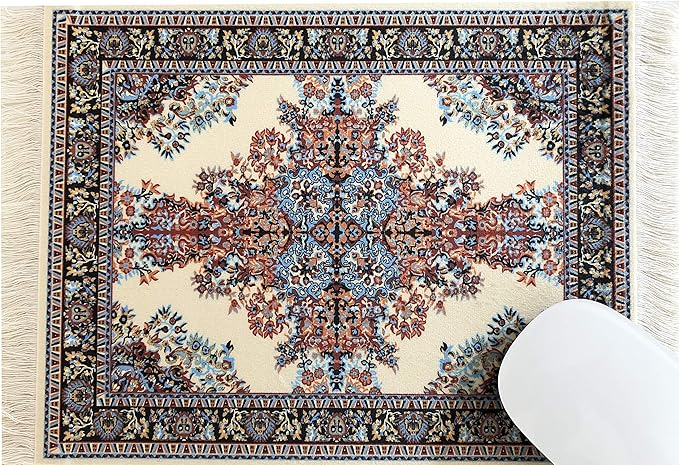 Inusitus Oriental Rug Mouse Pad – Mini Carpet Style Mousepad with Fringe, Non-Slip Rubber Base, Aesthetic Desk Accessory for Office & Home, Beige
