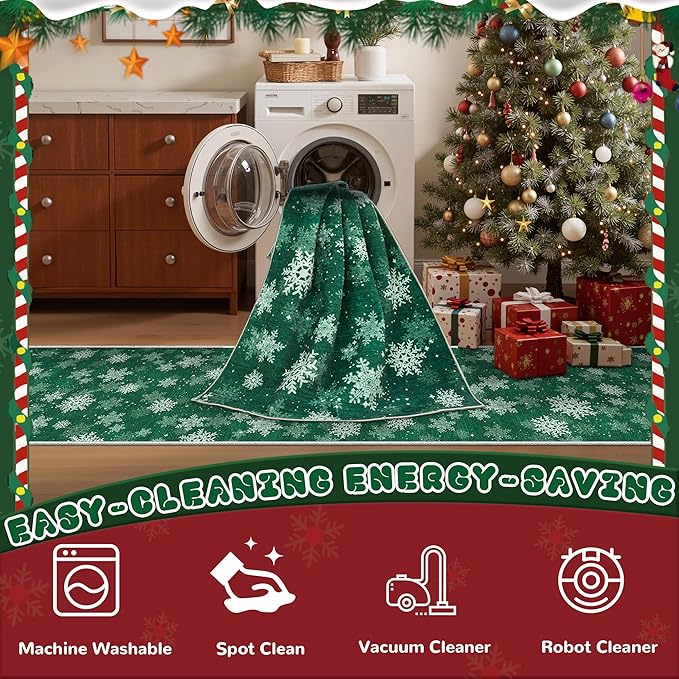 2x3 Christmas Doormat for Entryway, Washable Christmas Rugs Bathroom，Snowflake Front Porch Runner Rug，Non-Slip Green Christmas Rug Indoor(2'x3', Green/White)