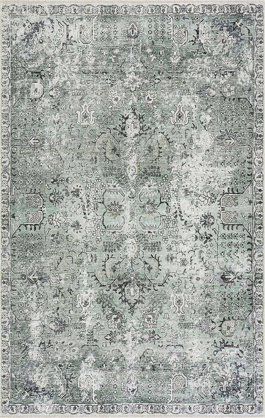Hauteloom Carwyn Bohemian Vintage Medallion Area Rug - Farmhouse Oriental Carpet for Living Room, Bedroom - Machine Washable- Olive, Dark Green - 6'7" x 9'