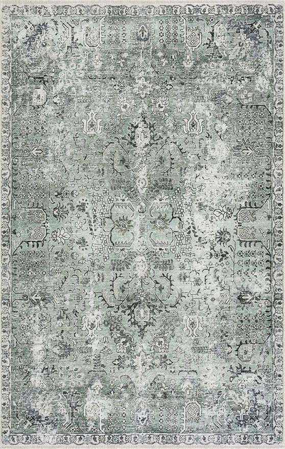 Hauteloom Wentworth Bohemian Vintage Medallion Area Rug - Farmhouse Oriental Carpet for Living Room, Bedroom - Machine Washable- Olive, Dark Green - 5' x 7'6"